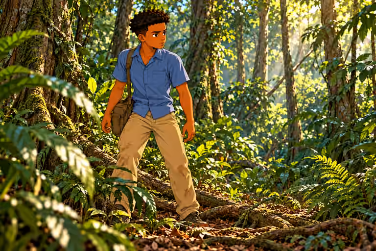 Daytime at edge of remote forest camp. Remote dense tropical forest, tall tree trunks, roots, vines, layered ferns and leaf litter. NO huts, houses, cabins, fences, village, buildings, roads or settlement. Full-length vigilant Chima stands among tree roots, sh