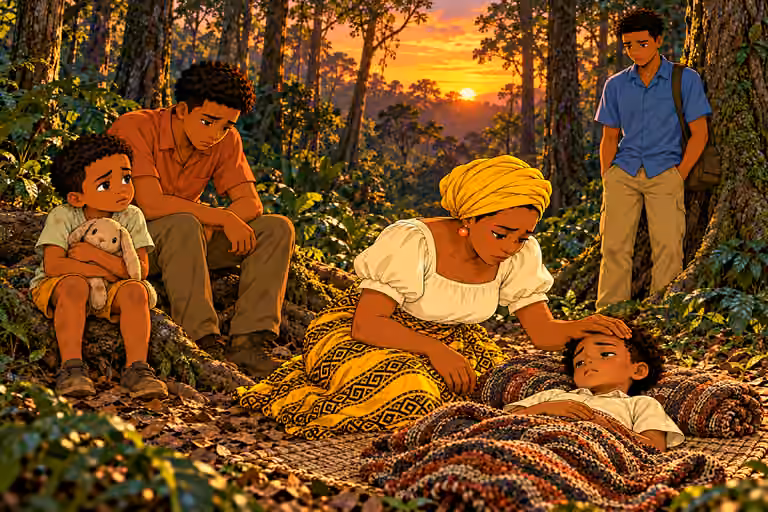 Late SUNSET at same remote camp in Remote dense tropical forest, tall tree trunks, roots, vines, layered ferns and leaf litter. NO huts, houses, cabins, fences, village, buildings, roads or settlement. Wide quiet tableau of waiting. Ugo lies on woven mat, Nnek