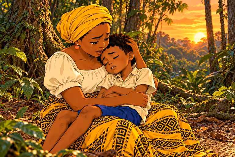 SUNSET camp in Remote dense tropical forest, tall tree trunks, roots, vines, layered ferns and leaf litter. NO huts, houses, cabins, fences, village, buildings, roads or settlement. Tight tender portrait of seated Nneka rocking feverish7-year-old Ugo against h