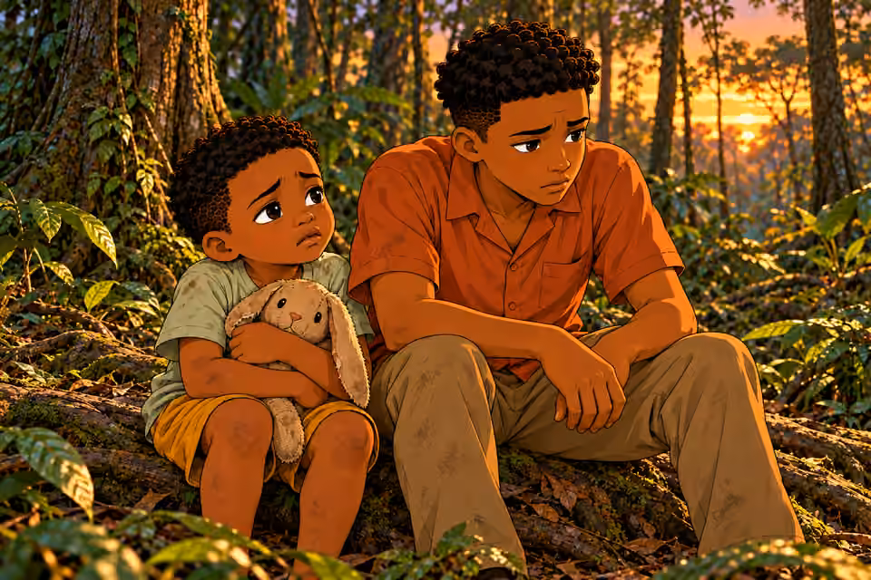 Late dusk at forest camp in Remote dense tropical forest, tall tree trunks, roots, vines, layered ferns and leaf litter. NO huts, houses, cabins, fences, village, buildings, roads or settlement. Medium two-shot of Emeka and little Obi sitting on low intertwine