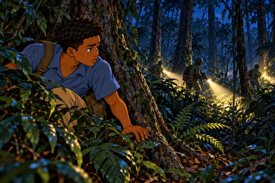 wide atmospheric view, Chima close foreground half-hidden by huge tree, sharp alarm in eyes; distant anonymous olive-uniformed helmeted soldiers are barely visible between trunks with hard flashlight beams sweeping ferns. Camp and other family out of view. NO 