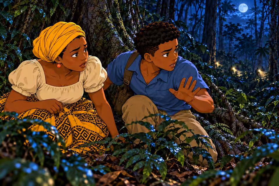 Chima’s head snaps toward approaching sounds, tense shoulders, one hand raised to warn his seated mother. Nneka turns to him in alarm; only two visible people. Cool moonlight on blue shirt, faint flashlight glow far between trunks. Ugo outside frame, NO spear.
