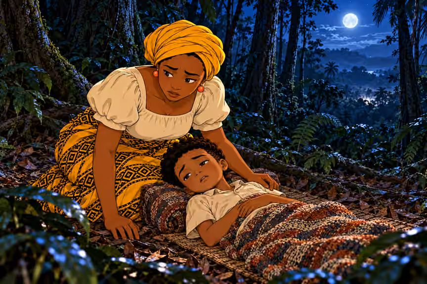 Nneka kneels beside Ugo’s mat looking from the dark woods down to her weak son, torn expression and hand braced protectively near his shoulder. Ugo lies breathing, eyes half-open, light beige shirt blue shorts. Moonlit canopy, distant faint light beyond trees.