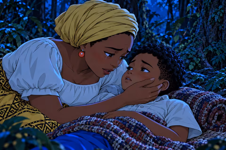 Nneka bends close to Ugo and cups his cheek softly, tearful eyes and lips speaking love. Ugo awake but weak, returning her gaze while lying on folded cloth. Genuine mother-child comfort, no kiss required, no wound, no grave or shroud. Only two faces.