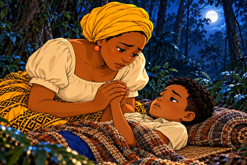 Nneka clasps his small hand between both of hers, her grief-stricken face above and his face in foreground softly visible, conscious exhausted boy. Quiet mother’s helpless love. Moonlight, no physical symbols, wings, ghost or extra people.