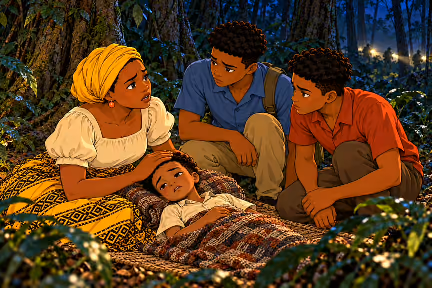 Nneka sits beside weak Ugo on mat, looks up in anguish toward Chima and Emeka crouching before her. She is about to speak difficult words. Ugo still alive breathing. Teenagers attentive and anxious. Exactly four people; Obi outside frame. Distant flashlight gl