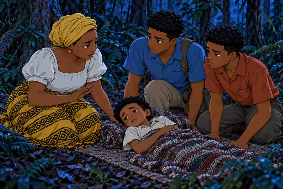 Nneka with breaking expression gestures gently toward resting Ugo while speaking quietly to Chima and Emeka. Ugo lies alive on mat; teenagers listen in dismay, one kneeling each side. Mother never walking away in this frame. Exactly four people, no injury.