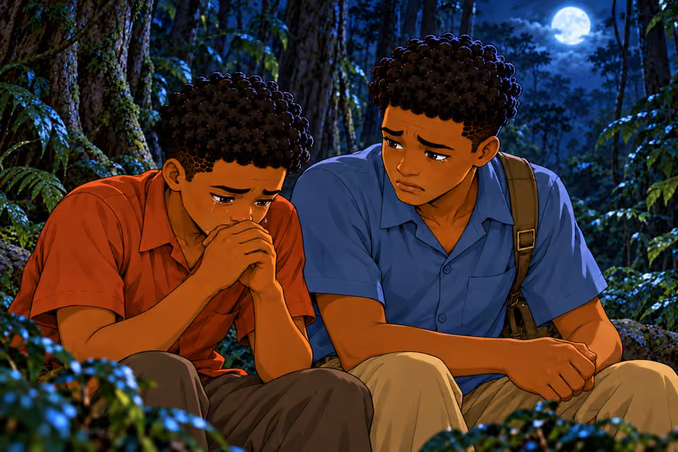 NIGHT Remote dense tropical forest, tall tree trunks, roots, vines, layered ferns and leaf litter. NO huts, houses, cabins, fences, village, buildings, roads or settlement. Close waist-up two-shot of Chima and Emeka receiving terrible news, both visibly shaken