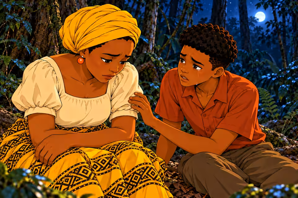 Emeka reaches hesitantly toward Nneka’s upper arm, lips parted in tearful protest, she listens with anguished lowered eyes. Strong warm-brown faces against cool leaves, exactly two people. No Ugo or others visible, no speech bubbles.