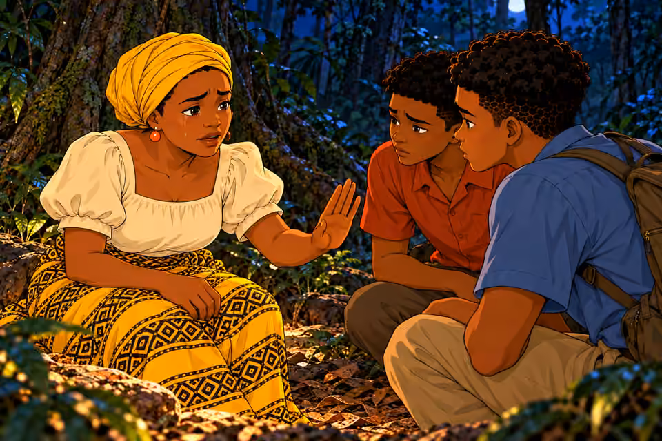 NIGHT camp in Remote dense tropical forest, tall tree trunks, roots, vines, layered ferns and leaf litter. NO huts, houses, cabins, fences, village, buildings, roads or settlement. Nneka tearfully shakes her head and gently holds out her palm toward Chima and 