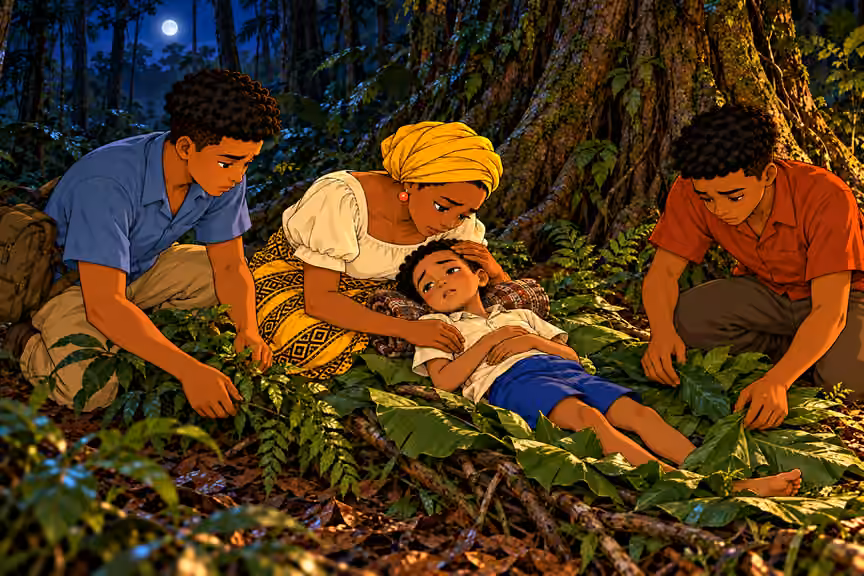 Nneka and teenage sons carefully arrange a thick bed of clean broad leaves and soft branches beneath and around resting Ugo at buttressed tree. Nneka cradles his head on folded cloth, Emeka adds leaves near his feet, Chima places a leafy branch beside bed. Ugo
