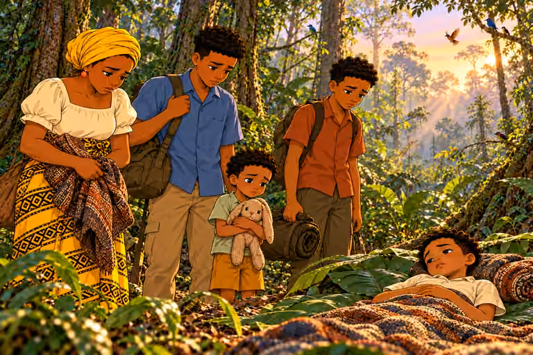 FIRST LIGHT OF DAWN at remote forest camp in Remote dense tropical forest, tall tree trunks, roots, vines, layered ferns and leaf litter. NO huts, houses, cabins, fences, village, buildings, roads or settlement. Wide tableau with pale lavender and gold rays. N