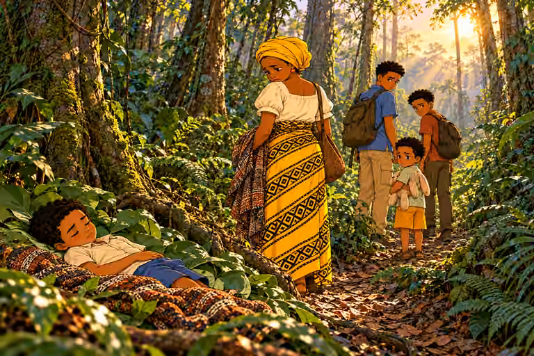 DAWN in Remote dense tropical forest, tall tree trunks, roots, vines, layered ferns and leaf litter. NO huts, houses, cabins, fences, village, buildings, roads or settlement. Poignant over-shoulder view from behind Nneka as she pauses and looks back at Ugo res