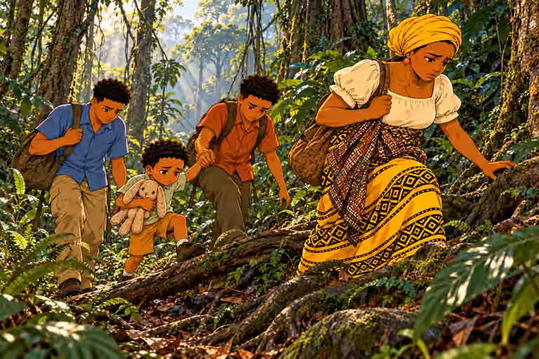 Nneka leads with heavy determined face over rough roots, Chima behind, Emeka helps small Obi step over a fallen branch while Obi holds rabbit. Wider lateral composition conveys exhausting climb. NO Ugo, Ada, Uche or Mama Chidi anywhere; no memory figure. Ugo l