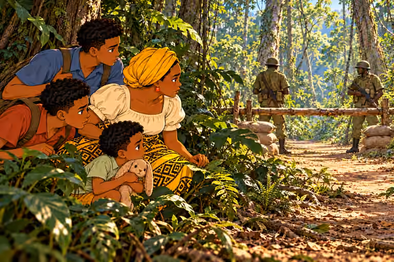 rough waist-high horizontal pole across dirt footpath, two unmarked sandbags and two helmeted olive-uniformed soldiers with lowered rifles. Nneka and ONLY three sons hide near foreground leaves at edge of clearing, studying checkpoint with alarm. Medium-wide v