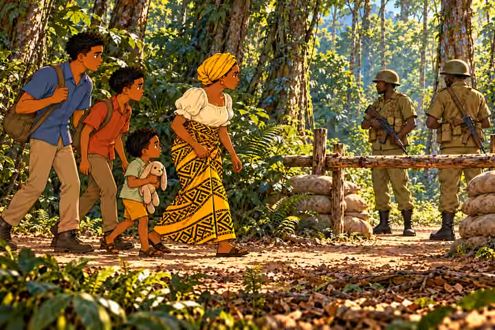pole barrier across dirt footpath, low unmarked sandbags, TWO olive-uniformed helmeted soldiers. Remote dense tropical forest, tall tree trunks, roots, vines, layered ferns and leaf litter. NO huts, houses, cabins, fences, village, buildings, roads or settleme