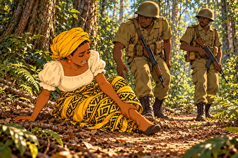 Nneka feigns a stumble, seated on dirt after controlled fall, clutching her ankle through wrapper with exaggerated pain, knee modestly covered. Two olive-uniformed helmeted soldiers turn toward her, one stepping closer with lowered slung rifle. Children outsid