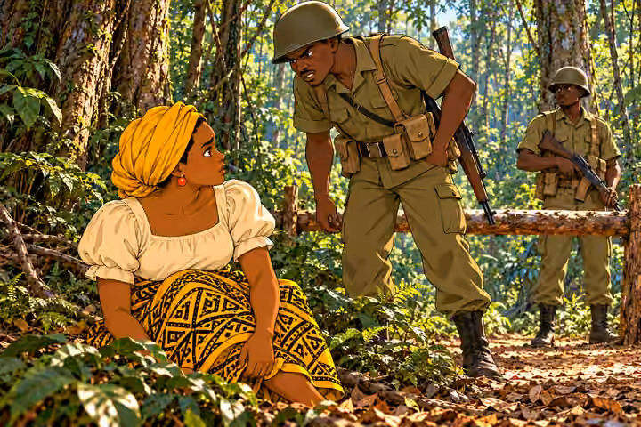 anonymous helmeted olive-uniformed soldier steps closer and challenges her with suspicious sneer, rifle safely slung. Nneka on ground looking up, hand at covered ankle. Second guard beside pole barrier. Three visible adults only, no children in crop, no physic