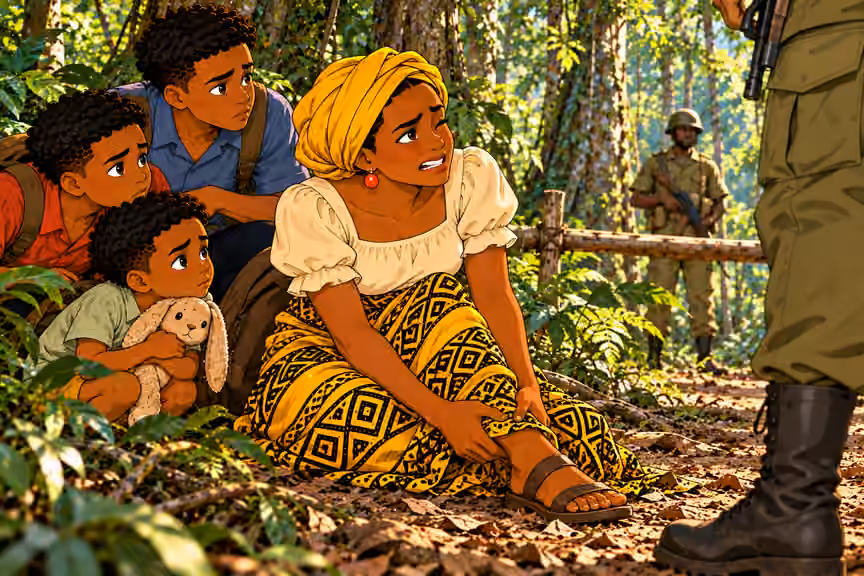 MORNING forest checkpoint in Remote dense tropical forest, tall tree trunks, roots, vines, layered ferns and leaf litter. NO huts, houses, cabins, fences, village, buildings, roads or settlement. Close low portrait of Nneka on dirt, wincing and gripping her co