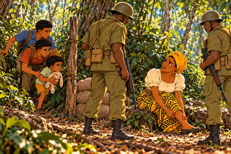 foreground Nneka seated clutching ankle distracts TWO helmeted olive-uniformed soldiers facing her. Behind their backs Chima and Emeka quietly guide Obi and his rabbit through narrow gap beside wooden pole. Exactly three sons; Ugo absent, no girl. Soldiers not