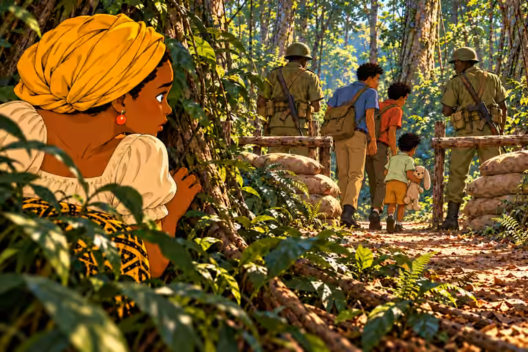 her tense face in profile while she secretly watches Chima and Emeka leading little Obi through gap between distracted helmeted guards in middle distance. Exactly three sons, no Ugo or girl. Rifles slung and nobody violent. Pole barrier and low sandbags consis