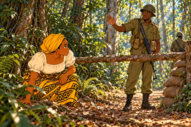 bored helmeted olive-uniformed soldier dismisses Nneka with loose sideways wave, rifle slung. She remains low on ground beside pole barrier, looks up ready to rise. Other guard only distant partial silhouette allowed; children out of frame. No sneering cartoon