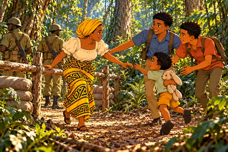 MORNING forest checkpoint in Remote dense tropical forest, tall tree trunks, roots, vines, layered ferns and leaf litter. NO huts, houses, cabins, fences, village, buildings, roads or settlement. Nneka limps carefully beyond rough pole barrier with one hand br