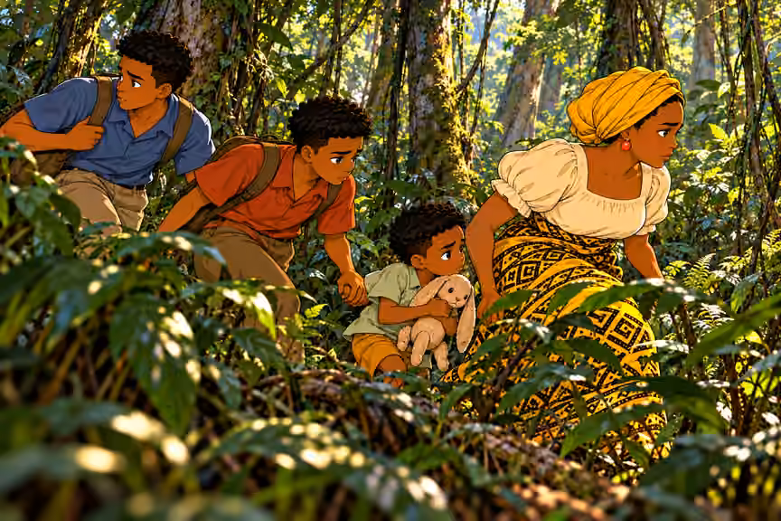 MORNING deeper into Remote dense tropical forest, tall tree trunks, roots, vines, layered ferns and leaf litter. NO huts, houses, cabins, fences, village, buildings, roads or settlement. Four-person family moving quickly away from checkpoint, framed through de