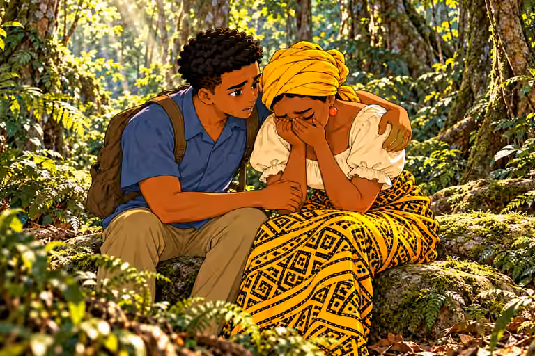 Chima sits beside Nneka and wraps one arm naturally around her shoulders as both cry. Mother bends her head with grief, his youthful face full of earnest promise. Exactly two people visible, no Ugo, ghost or girl. Chima has no spear.