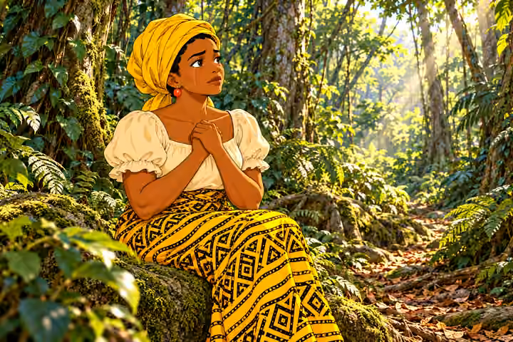MORNING in glen of Remote dense tropical forest, tall tree trunks, roots, vines, layered ferns and leaf litter. NO huts, houses, cabins, fences, village, buildings, roads or settlement. Intimate portrait of Nneka recovering resolve after weeping, tears drying 