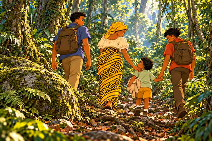 Nneka and her three remaining sons depart glen on narrow uneven trail, mother checks on small Obi as Emeka holds his hand, Chima follows alert with canvas bag. Four travelers ONLY. The mossy boulder recedes behind them. No Ugo girl elder or spear.
