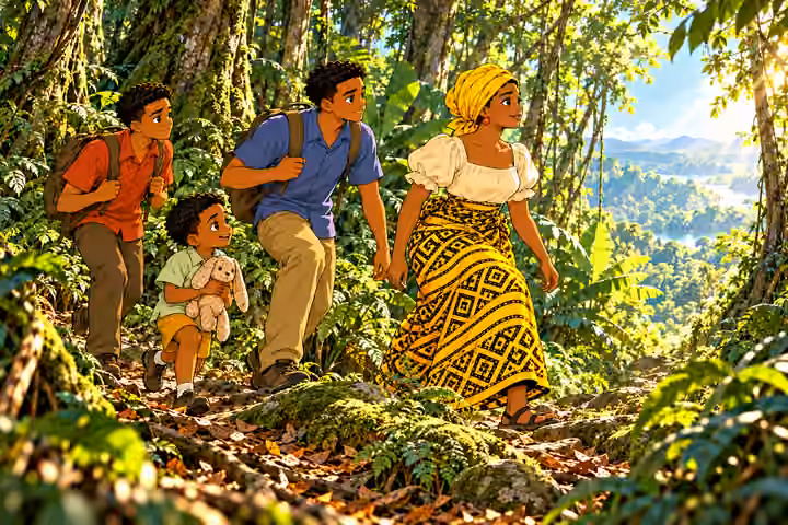 MORNING in Remote dense tropical forest, tall tree trunks, roots, vines, layered ferns and leaf litter. NO huts, houses, cabins, fences, village, buildings, roads or settlement. Panoramic environmental composition, four small but readable family figures walkin