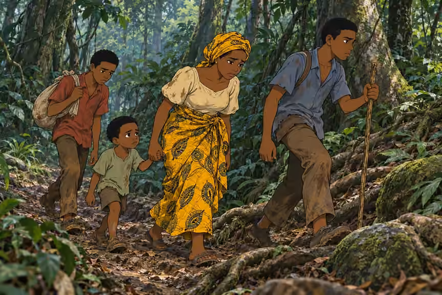 The family presses onward through the forest after Ugo's loss.
