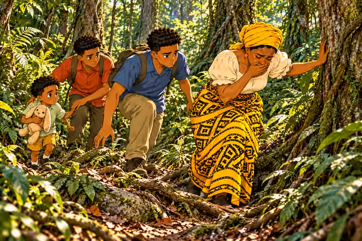 Nneka struggles over exposed roots, briefly covers mouth with hand while coughing, other hand steadies against tree trunk. Chima a few paces ahead, Emeka close to small Obi behind. No visible wound or collapse. Four remaining family only, NO Ugo, girl, elder, 