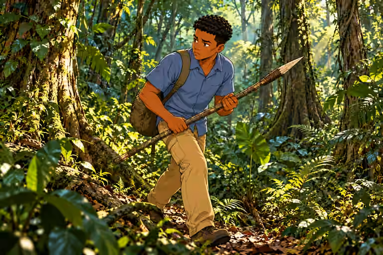 Daytime deep Remote dense tropical forest, tall tree trunks, roots, vines, layered ferns and leaf litter. NO huts, houses, cabins, fences, village, buildings, roads or settlement. Full-length three-quarter portrait of Chima walking cautiously slightly ahead, g