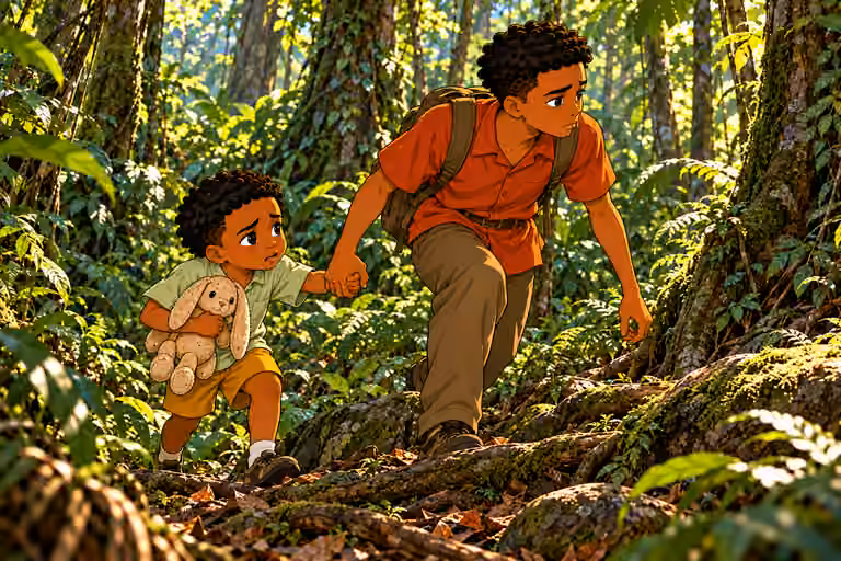 rust-shirt teenage Emeka attentively holds small sage-shirt Obi’s hand, guiding him over roots. Obi grips tightly and looks fearful, tan cloth rabbit tucked under his free arm. Their faces and hands clear, height difference obvious. Only these two brothers, no