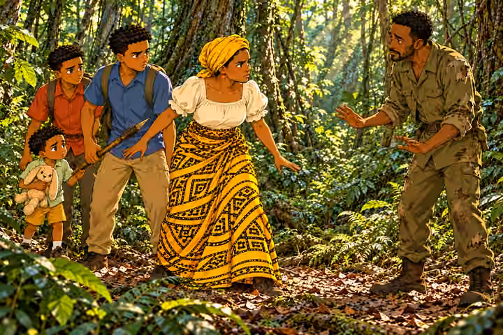 Okorie steps alone from shade into small clearing, hands low and open. Nneka stands upright between him and her THREE sons, suspicious eyes. Chima stands rigid with wooden spear lowered, Emeka holds Obi’s hand behind mother. Exactly FIVE people: mother, three 