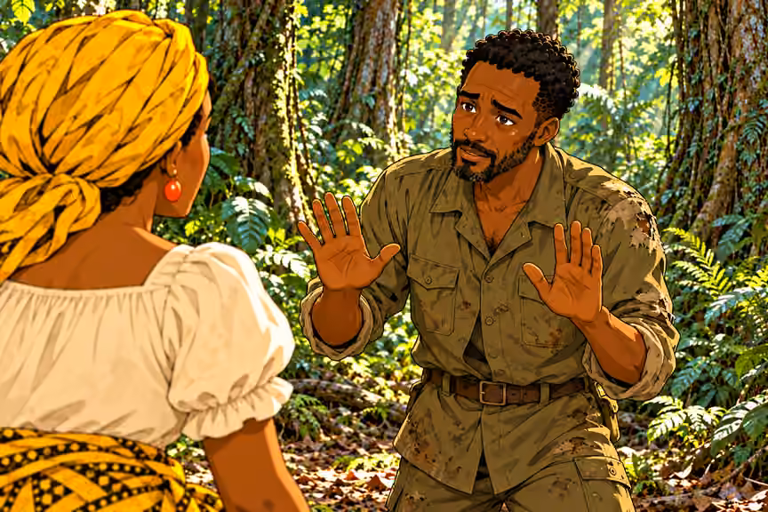 Daylight forest clearing. Remote dense tropical forest with tall trunks, roots, vines, layered ferns and leaf litter. NO huts, cabins, village, fences, buildings, road or vehicles. Waist-up over Nneka’s shoulder toward Okorie, both his empty palms raised gentl