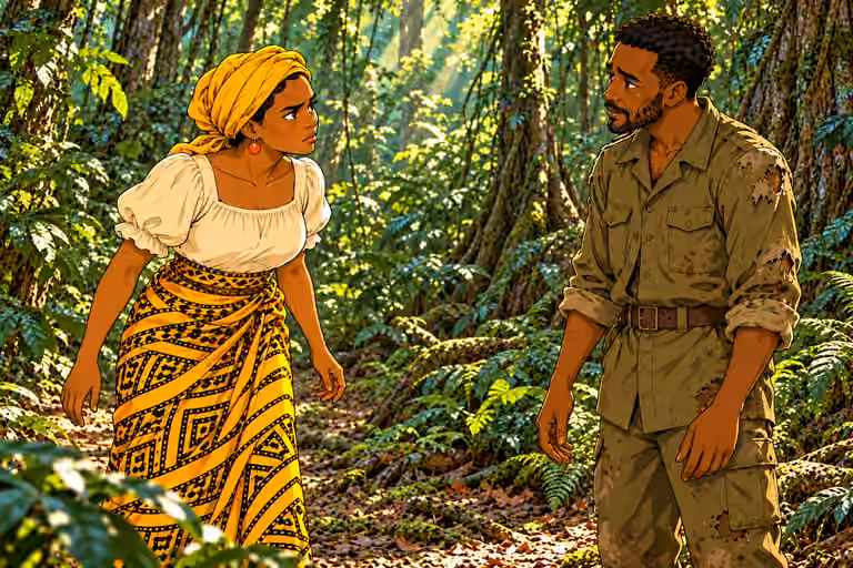 Nneka takes one cautious upright step toward Okorie, studying his face with narrowed skeptical eyes. Okorie waits calmly, empty hands relaxed. Mother prominent foreground, soldier beyond, only two people.