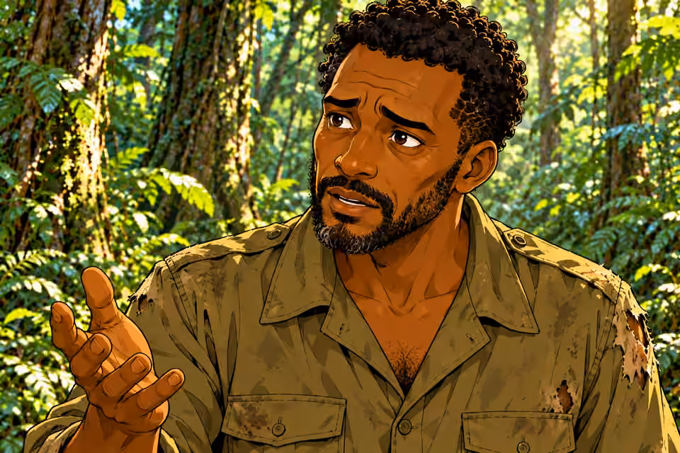 Daylight forest clearing. Remote dense tropical forest with tall trunks, roots, vines, layered ferns and leaf litter. NO huts, cabins, village, fences, buildings, road or vehicles. Close portrait of Okorie speaking with painful remembered sorrow in his eyes, o