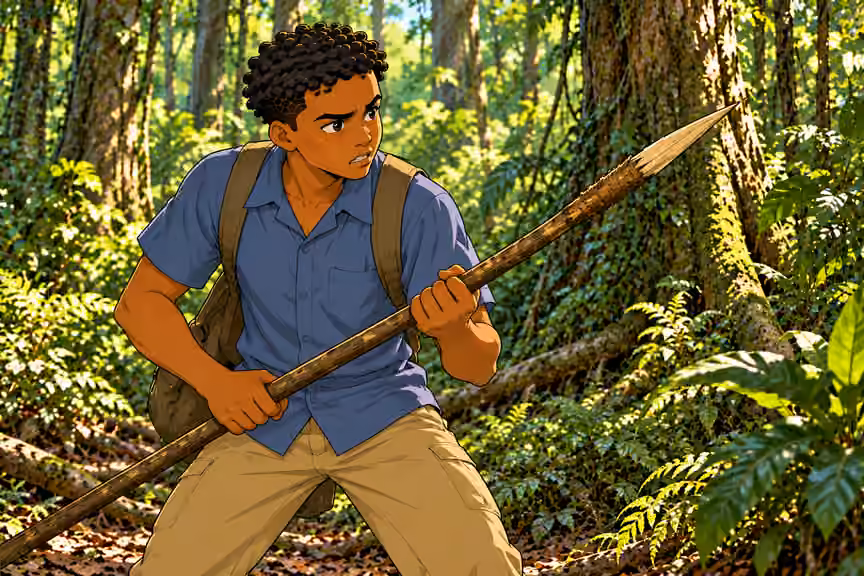 Daylight forest clearing. Remote dense tropical forest with tall trunks, roots, vines, layered ferns and leaf litter. NO huts, cabins, village, fences, buildings, road or vehicles. Low medium portrait of Chima planted upright, tense fingers tightening naturall