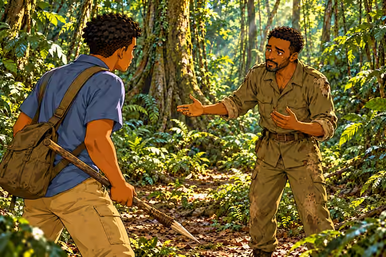Okorie meets Chima’s gaze steadily, one open hand gesturing to empty forest around them, showing he is alone; Chima at foreground side grips lowered wooden spear. Just these two, no concealed soldiers or traps.