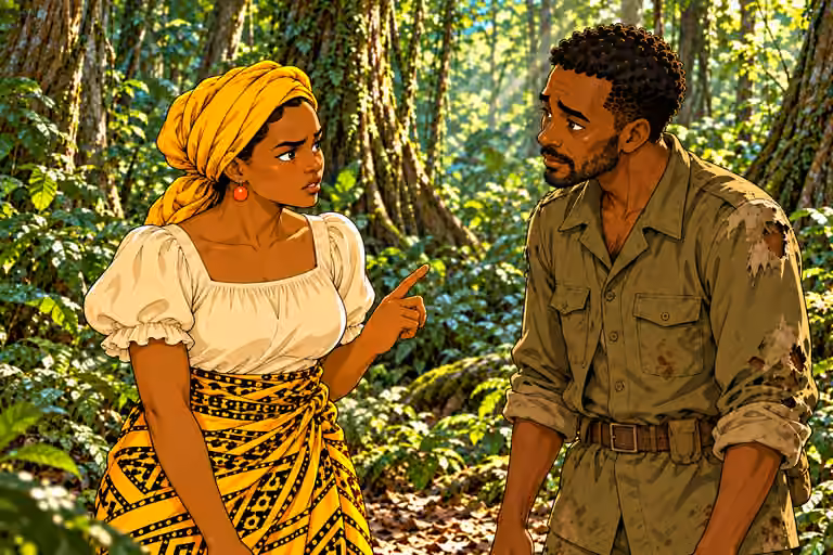 Nneka reluctantly nods agreement, brows still stern and lips parted in warning, Okorie listens with solemn relief. Both upright, Nneka three-quarter face prominent, no handshake or hug.
