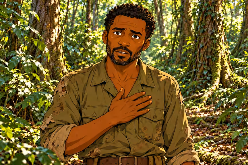 Daylight forest clearing. Remote dense tropical forest with tall trunks, roots, vines, layered ferns and leaf litter. NO huts, cabins, village, fences, buildings, road or vehicles. Close frontal portrait of Okorie making a quiet solemn promise, mouth slightly 