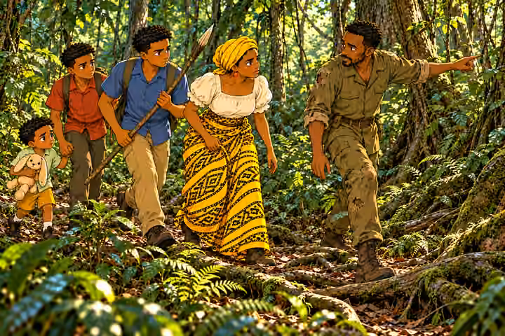 Okorie leads FOUR family travelers around huge roots on an obscure winding trail, speaking gently as he points along a safe route. Nneka follows attentively, Chima carries wooden spear, Emeka guides Obi and rabbit. Exactly FIVE people; no injury yet. No other 