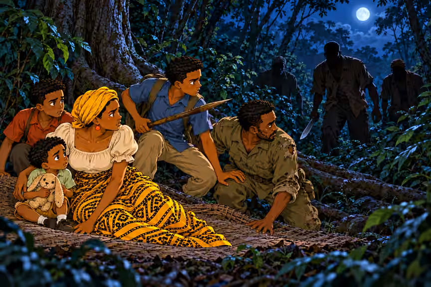 Nneka with her three sons and Okorie startle as THREE adult male bandits emerge from deep foliage several paces away, shadowed faces, ragged dark brown/charcoal civilian shirts and trousers. One carries a lowered short machete. Family on/near woven mat, Chima 