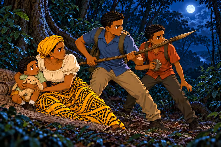 Nneka pulls little Obi protectively behind her, Chima stands forward holding wooden spear diagonally, Emeka steps beside him holding a small angular rock. No bandits in this cropped scene. Emeka still uninjured, all four family distinct. No attack impact.