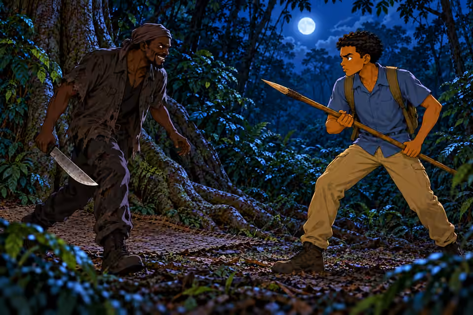 ragged charcoal-shirt adult bandit advances a single step toward Chima with cruel mocking expression and lowered machete, leaving clear space between them. Chima stands tall at right with branch spear defensive, no contact, injuries or blood. Exactly two peopl
