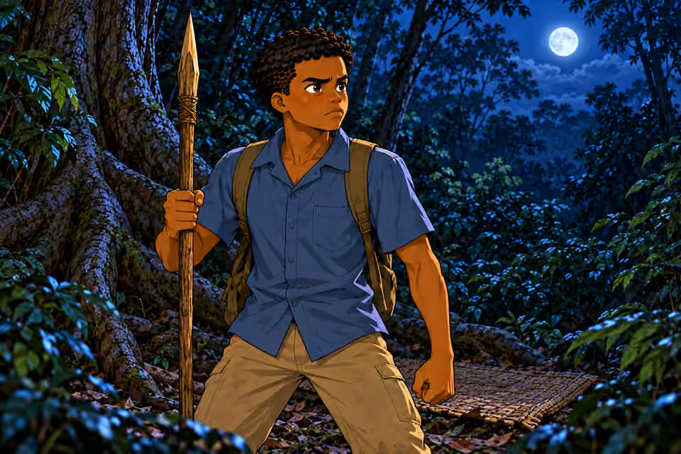 NIGHT at secluded forest camp beside broad tree roots and a simple woven sleeping mat. Cool blue moonlight through canopy, dark green foliage. NO fire, lantern, torch, electric light or buildings. Tight heroic but frightened portrait of Chima standing firmly u