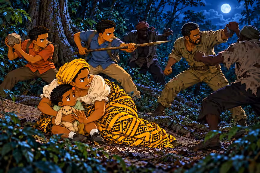 foreground Nneka crouches to shield Obi with her body, Obi safe clutching rabbit. Behind them Chima uses wooden spear to keep a ragged bandit at distance, Emeka braces with rock, Okorie blocks another attacker’s approach with raised forearm. Action conveyed by